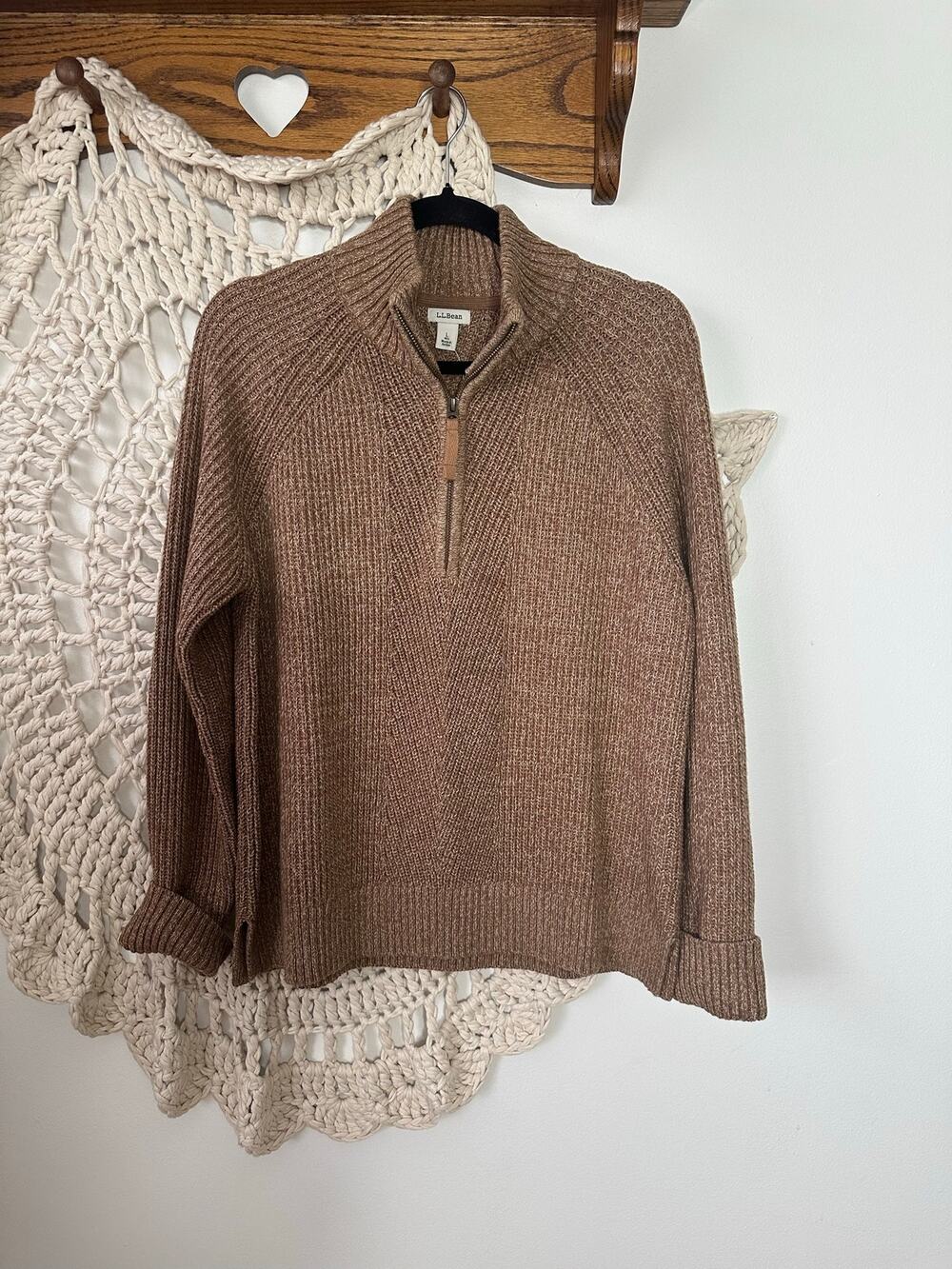 NEW L.L.Bean Cotton Brown Ribbed Quarter Zip Sweater Size Large